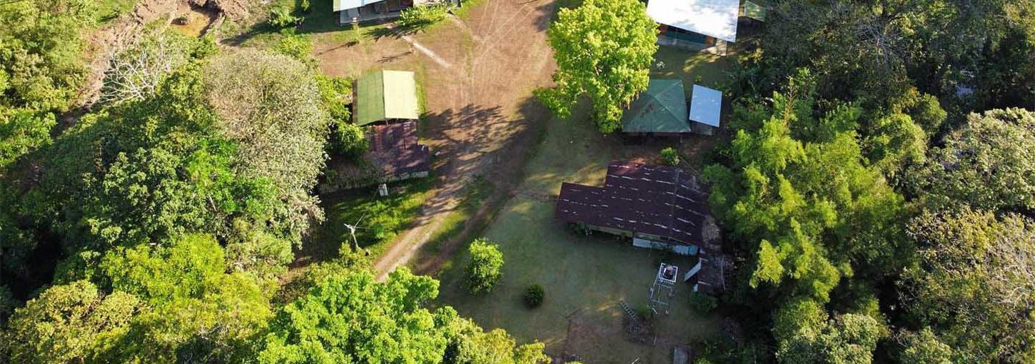 An overhead image of buildings at the Maderas Rainforest Conservancy facility in La Suerte, Costa Rica.